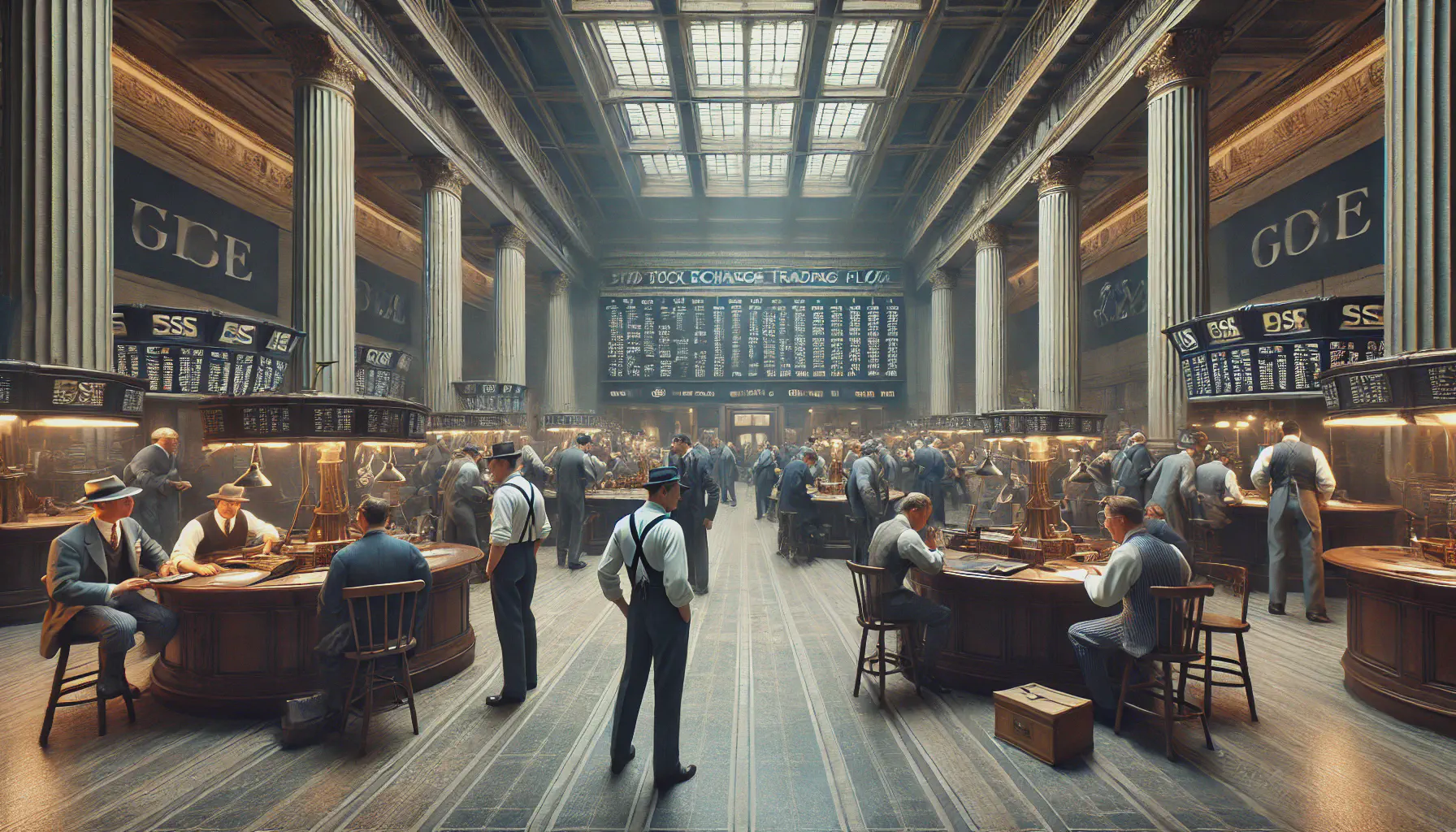 An old stock exchange trading floor from the 1920s.