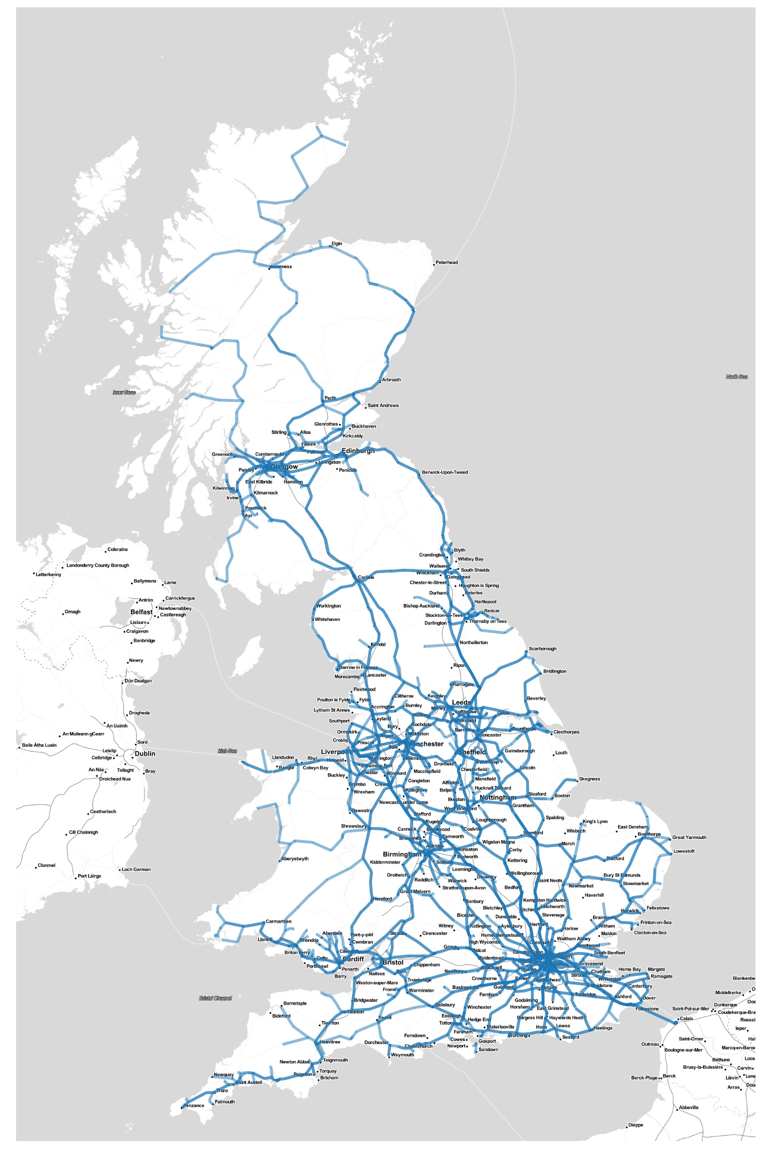 Segments of the railway network on map of Great Britain.