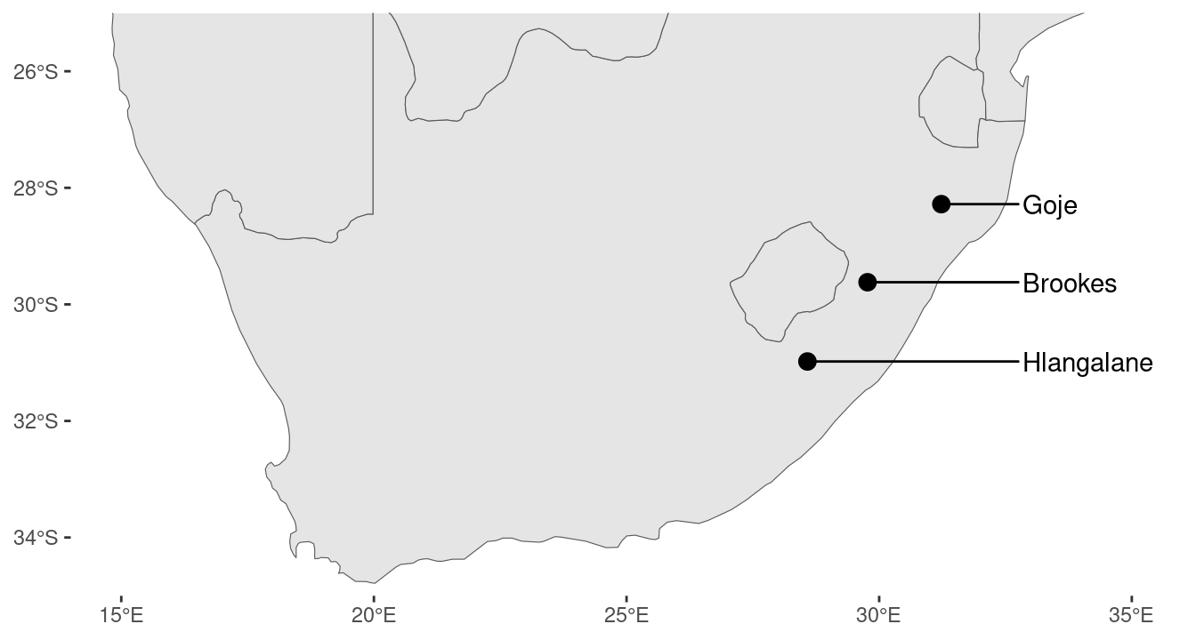 Map showing the location of Brookes, Goje and Hlangalane.