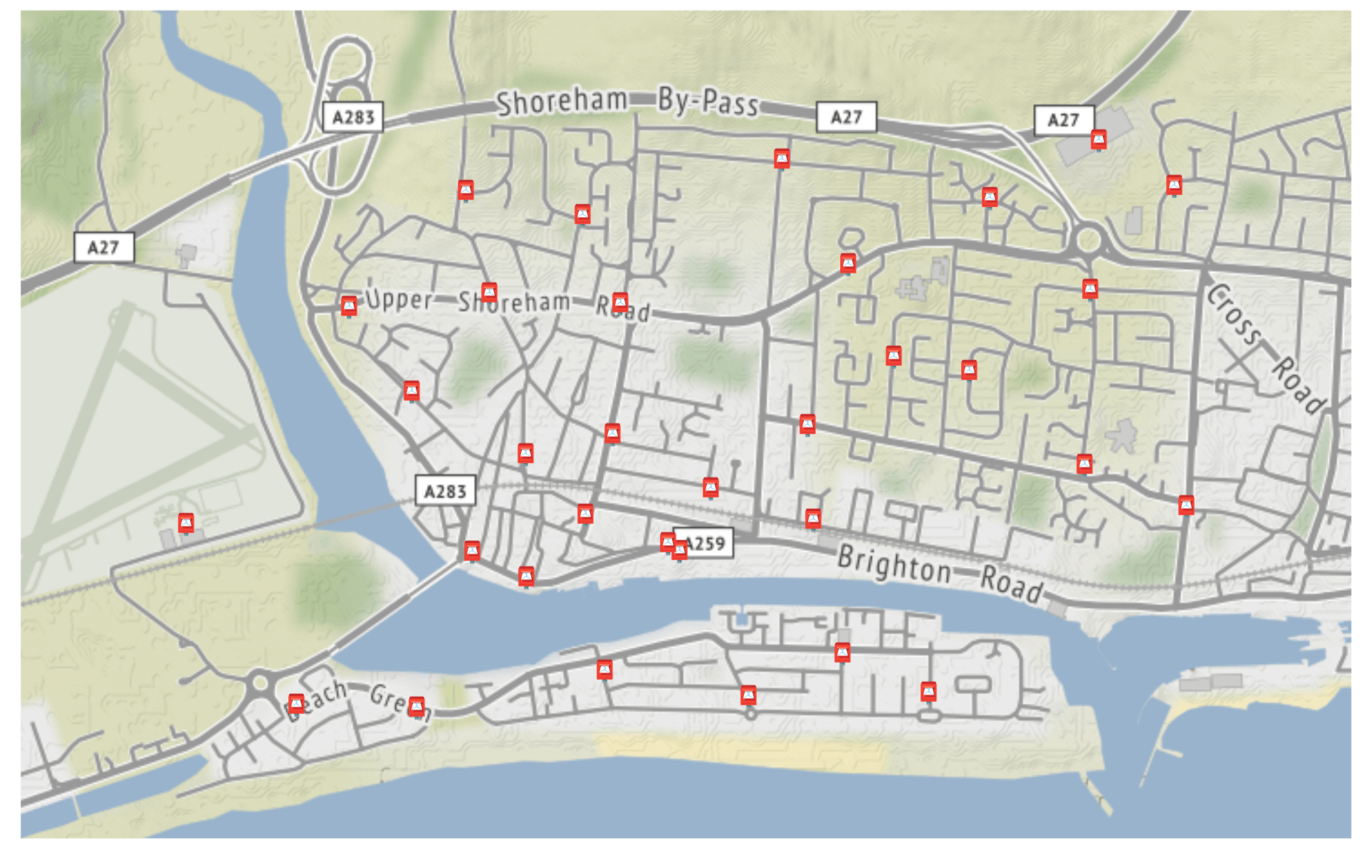 Locations of postboxes around Shoreham-by-Sea.