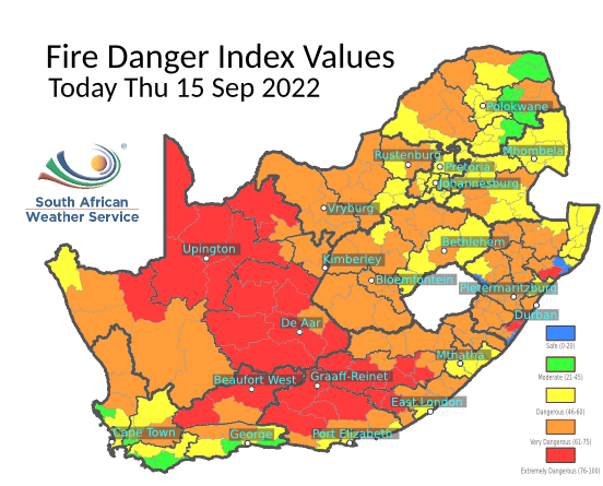 Map of South Africa showing Fire Danger Index.