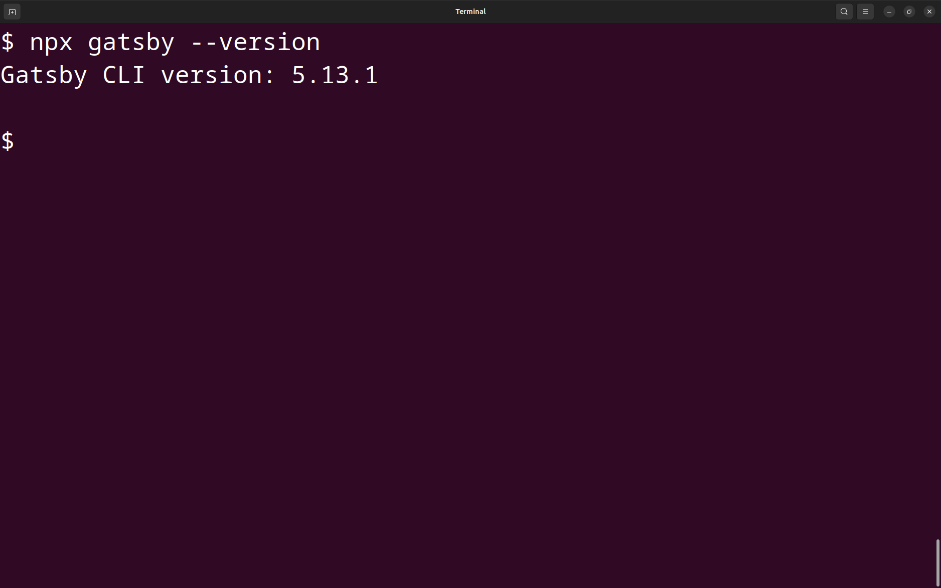Terminal window showing npx gatsby --version command.