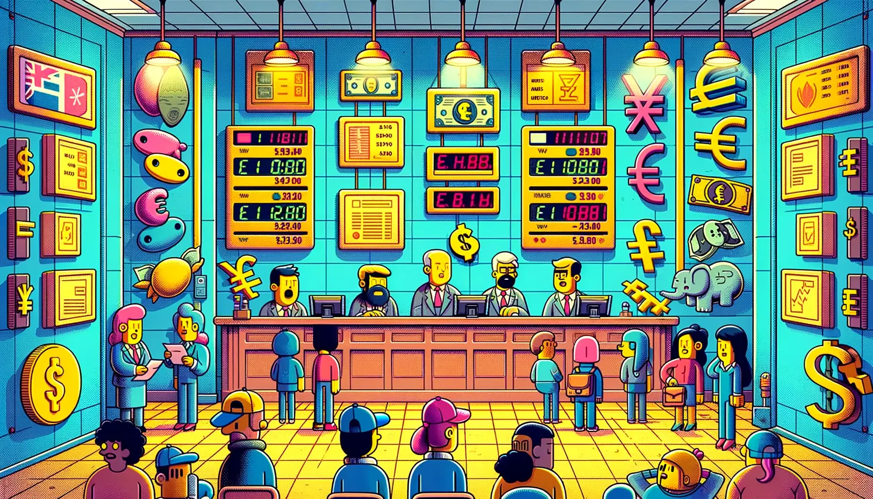 Cartoon image of a currency exchange.