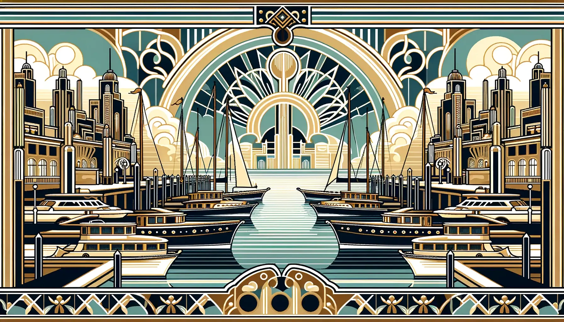 Moored boats in an art deco style.
