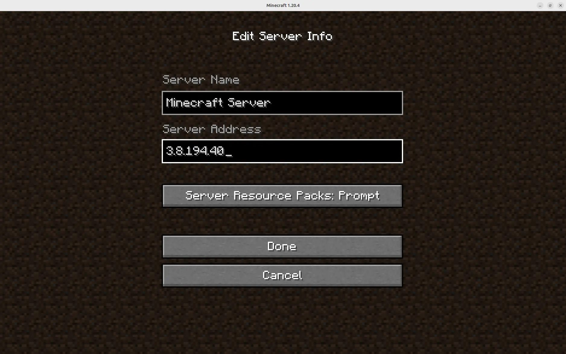 Minecraft Java Edition editing server information.