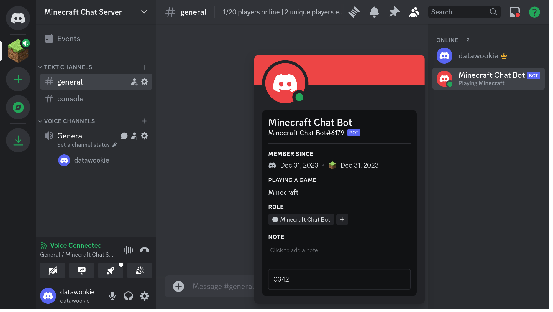 The Discord server view showing the Minecraft Chat Bot profile and linking code used to connect a player account.