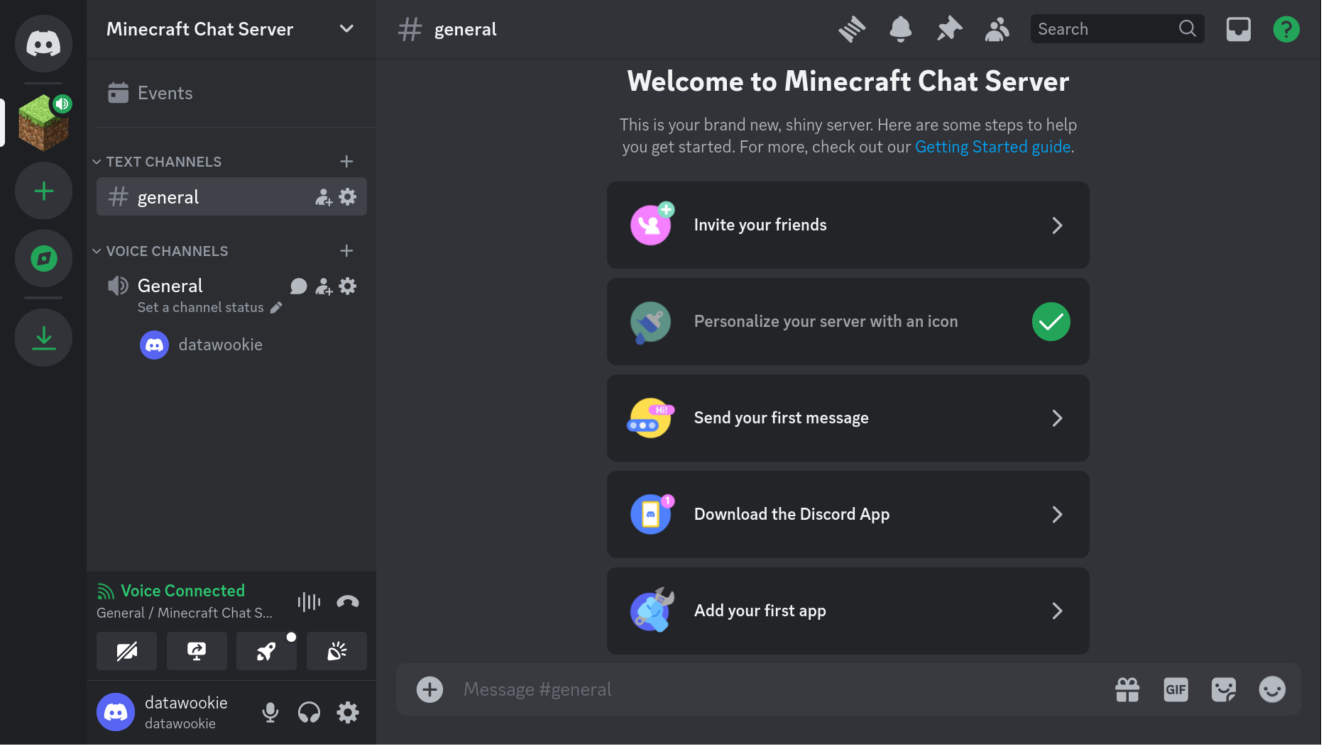 The newly created Minecraft Chat Server in Discord with text and voice channels visible.