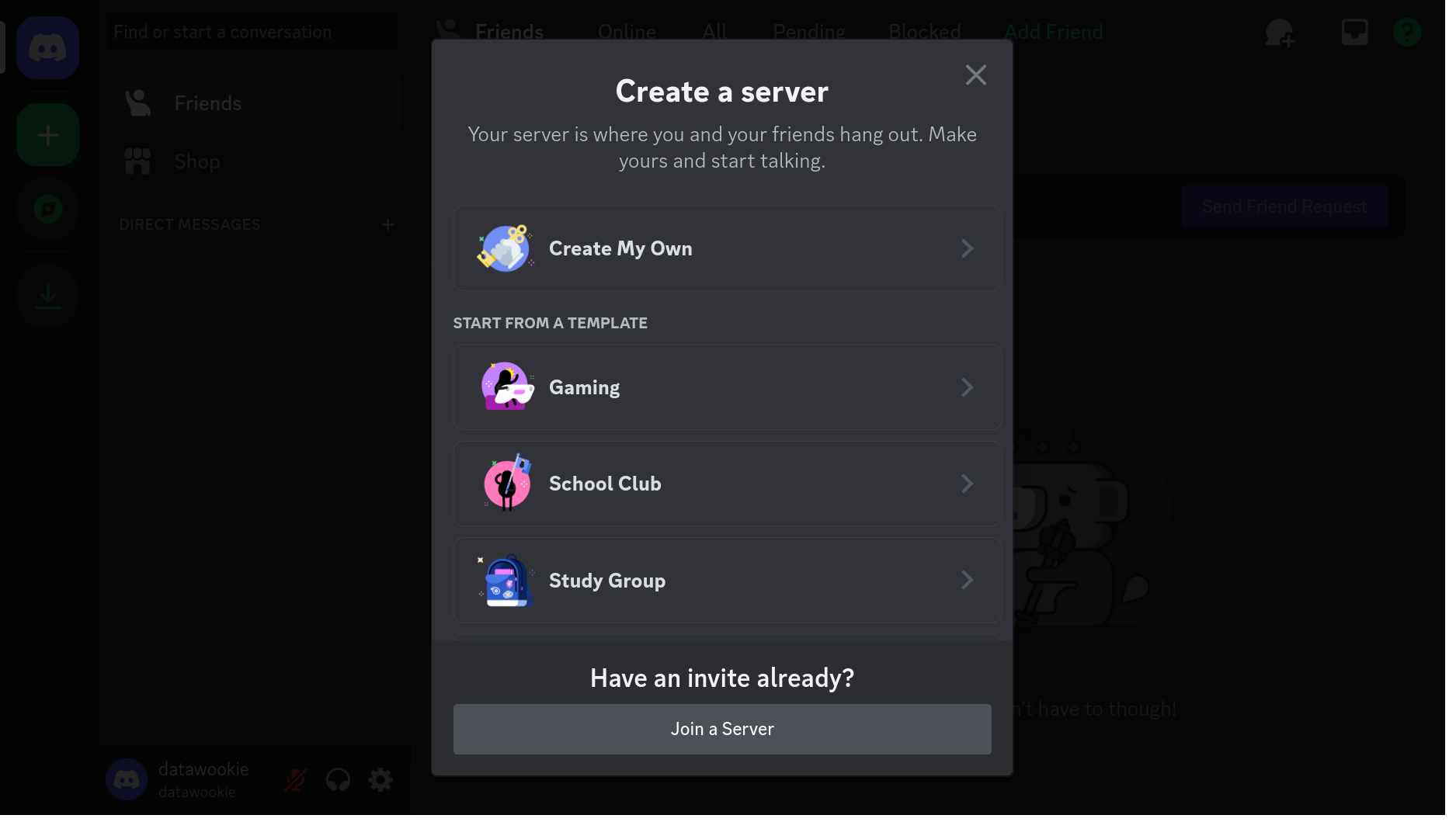 The Create a server modal in Discord with options like Create My Own and Gaming templates.