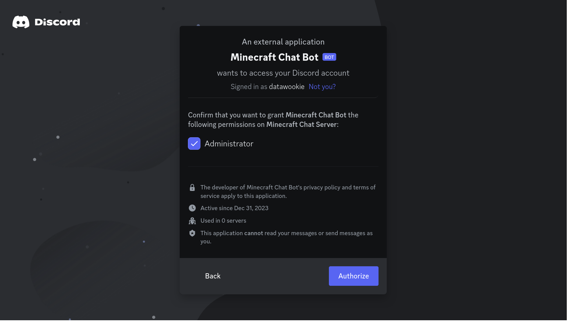 The Discord authorization confirmation page requesting administrator permission for Minecraft Chat Bot.