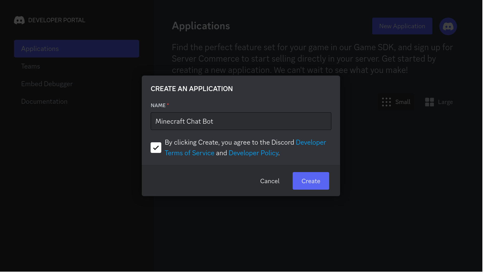 The Create an Application modal in the Discord Developer Portal with Minecraft Chat Bot entered as the name.