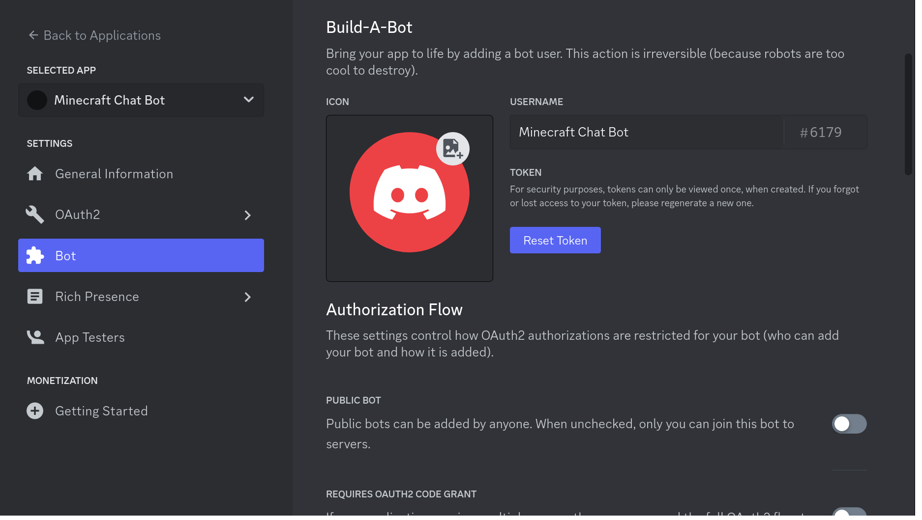 The Discord Developer Portal Bot settings page with the Public Bot option toggled off.