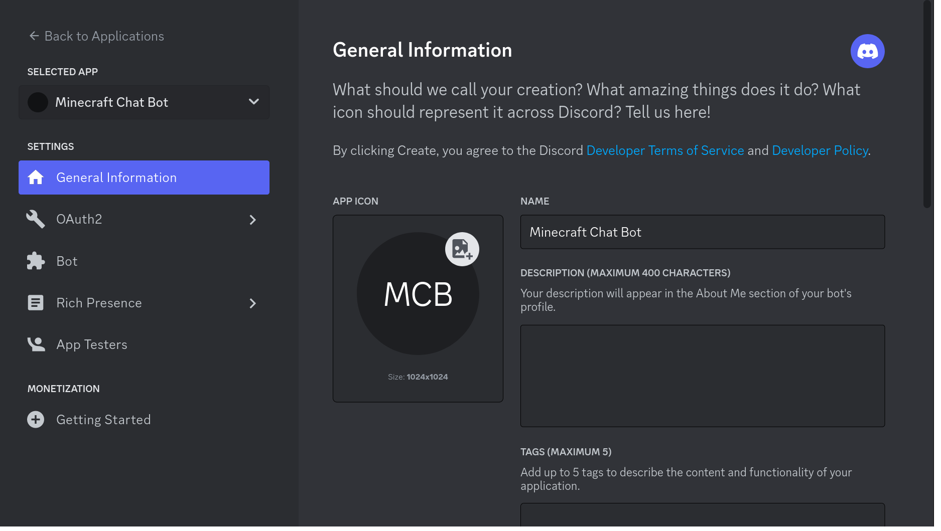 The Discord Developer Portal General Information page for the Minecraft Chat Bot application.