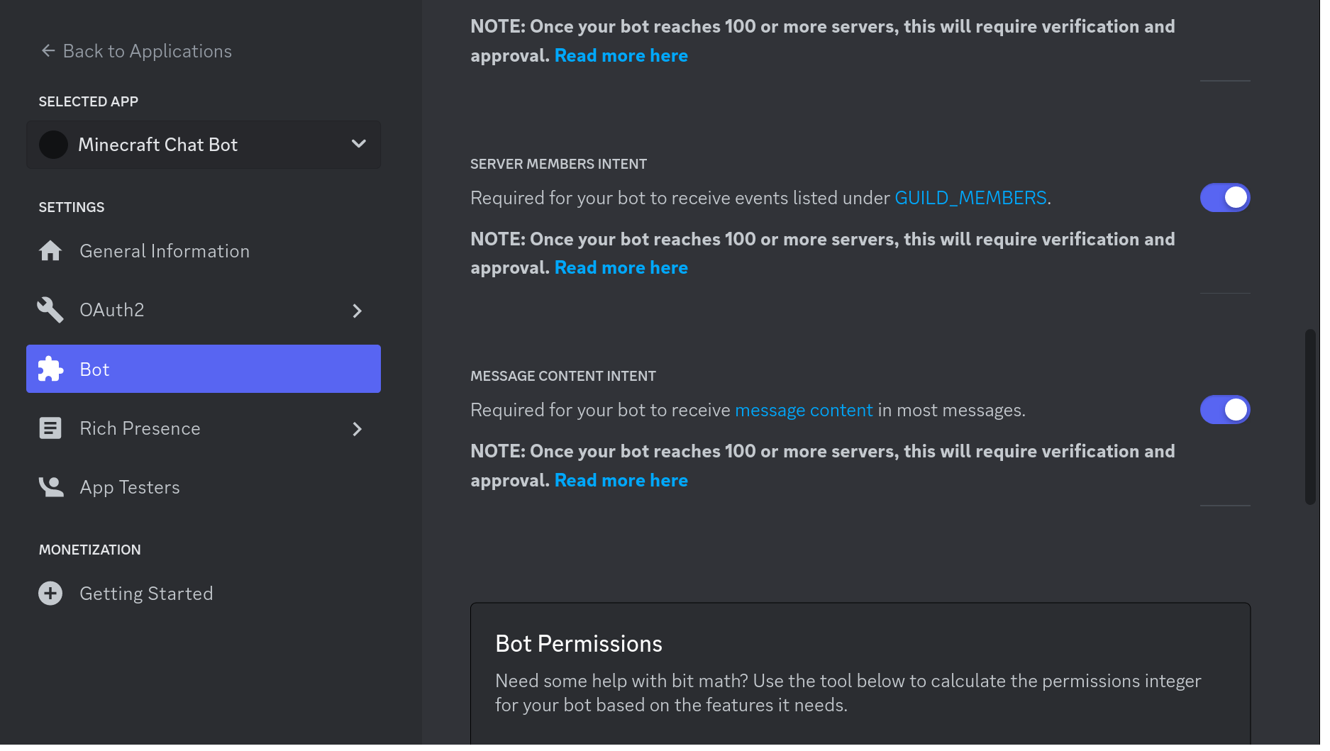The Discord Developer Portal Bot settings showing Server Members Intent and Message Content Intent enabled.