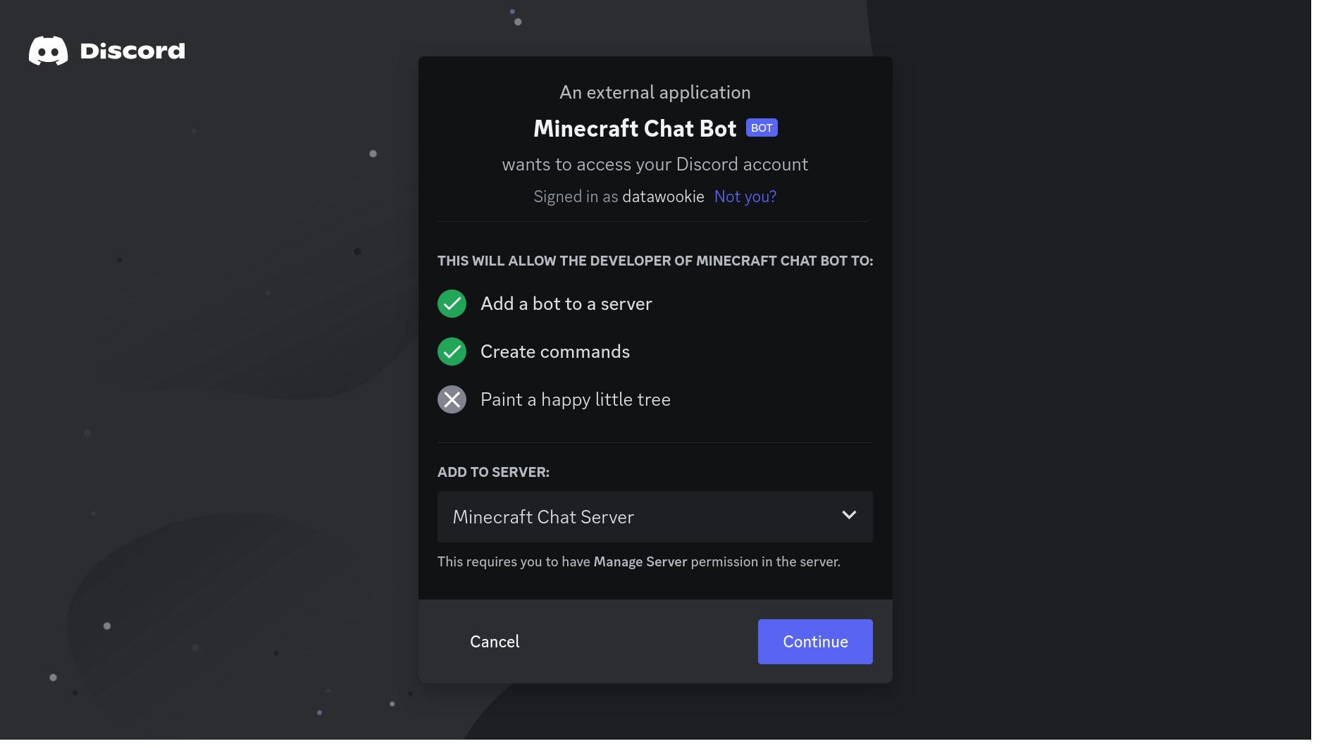 The Discord authorization page for adding the Minecraft Chat Bot to a server.