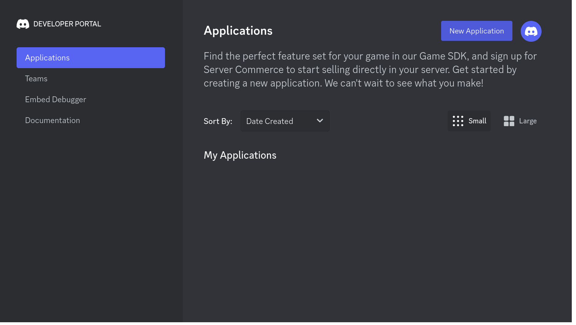 The Discord Developer Portal Applications page with the New Application button.
