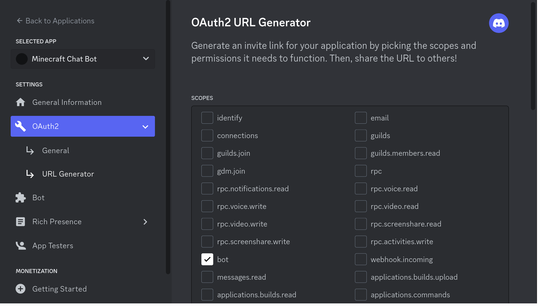 The Discord OAuth2 URL Generator page with the bot scope selected.