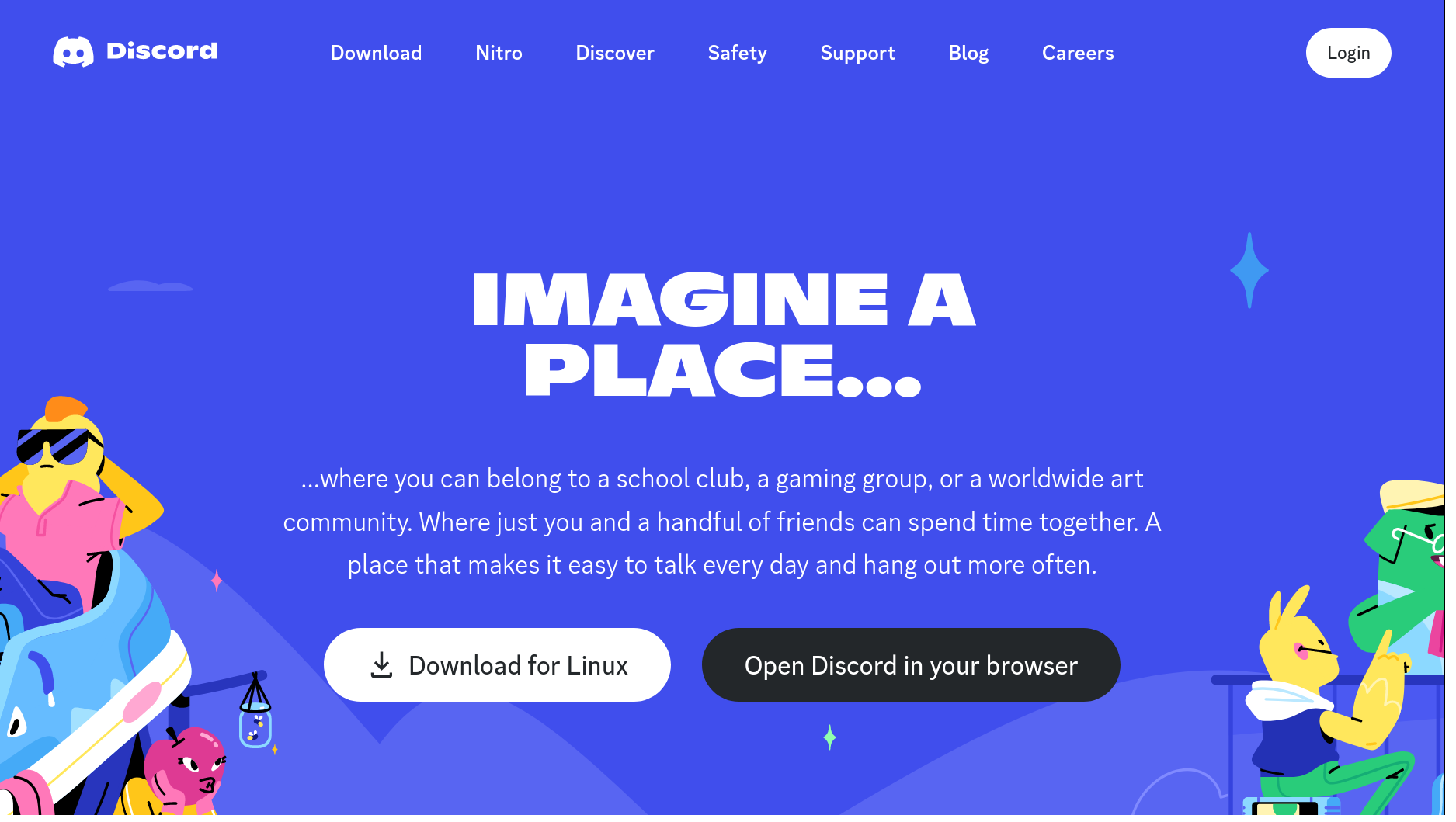 The Discord homepage with the tagline Imagine a place and options to download the app or open Discord in a browser.