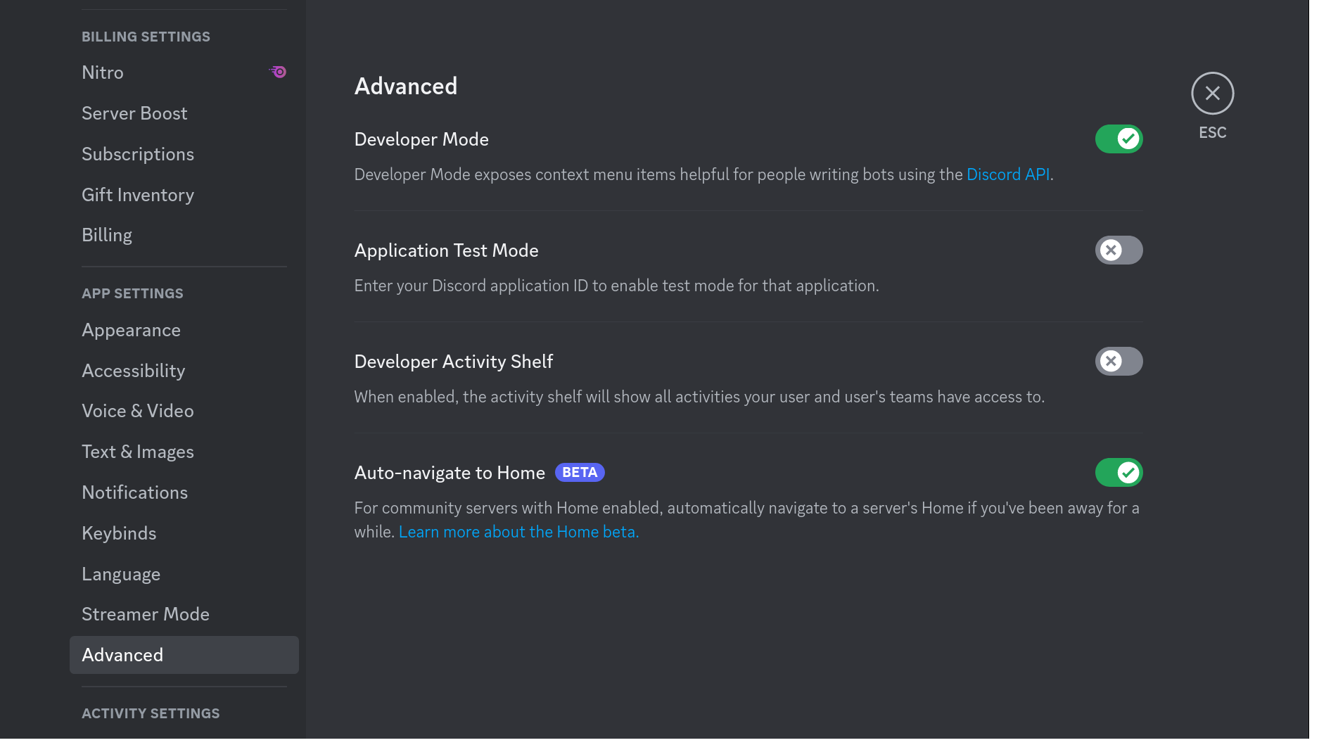 The Discord Advanced settings page with Developer Mode enabled.