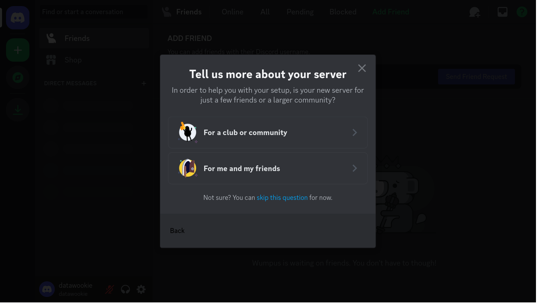 The Discord setup modal asking whether the server is for a club or community or for friends.