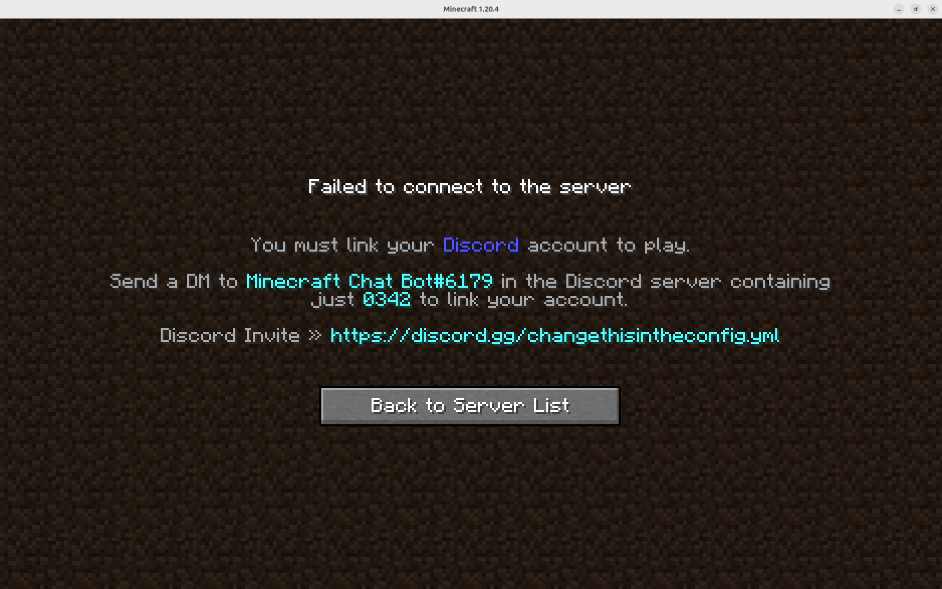 A Minecraft connection error message instructing the player to link a Discord account by sending a code to the bot.