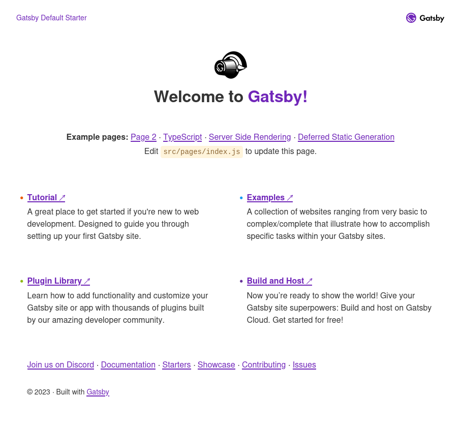 Landing page of Gatsby test site.