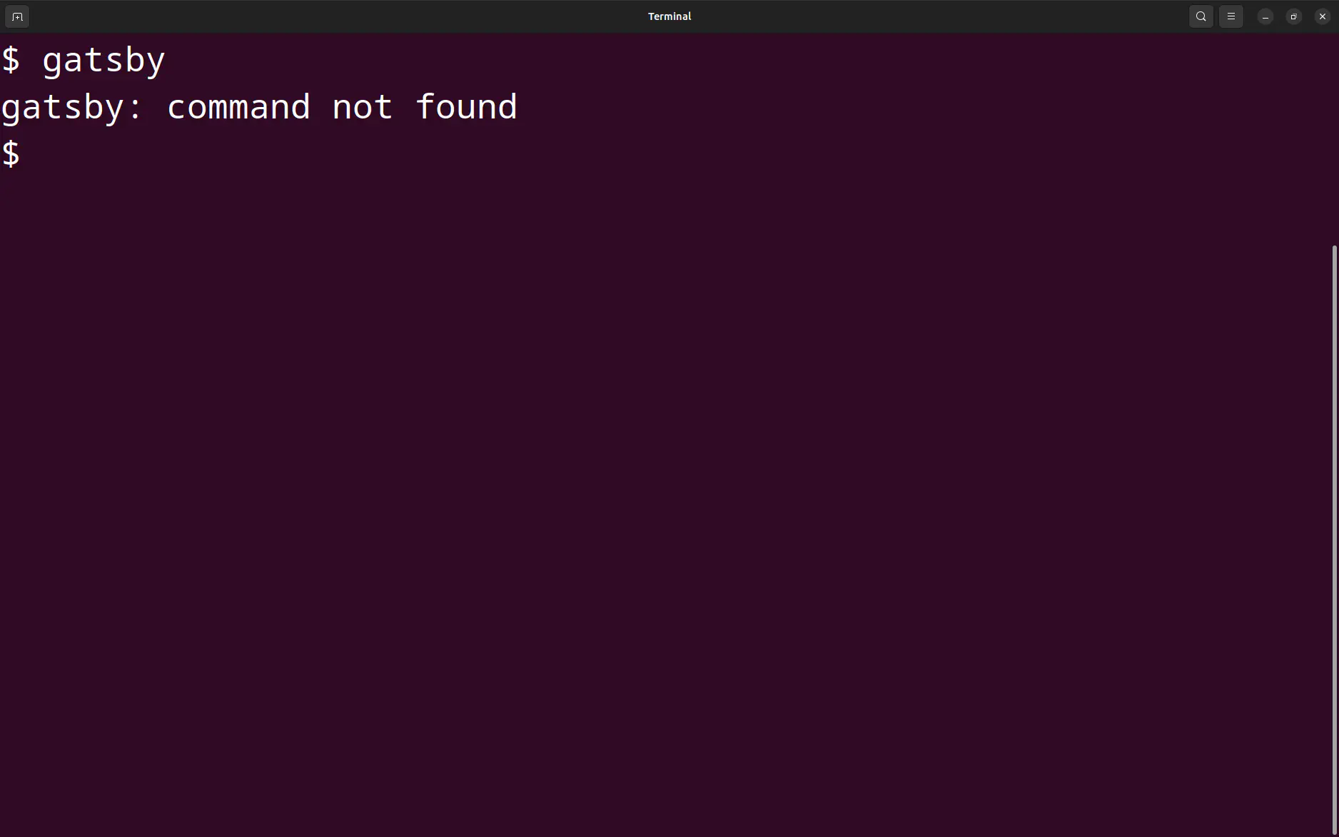 Terminal window with error message indicating that gatsby command not found.