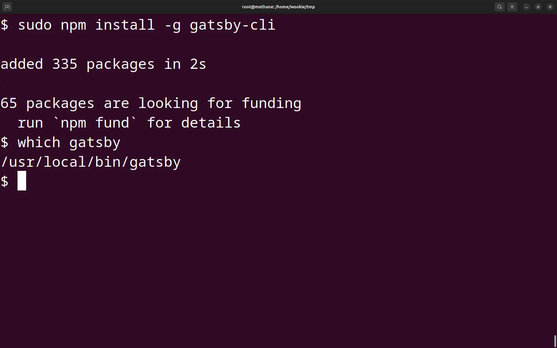 Terminal window showing location of Gatsby when installed globally.