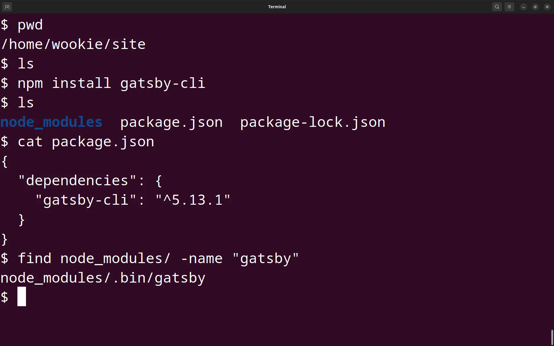 Terminal window showing location of Gatsby when installed in a project.