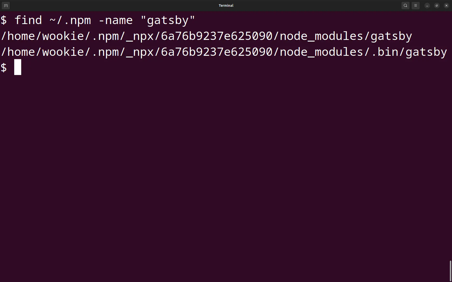 Terminal window showing location of Gatsby when installed in an account.