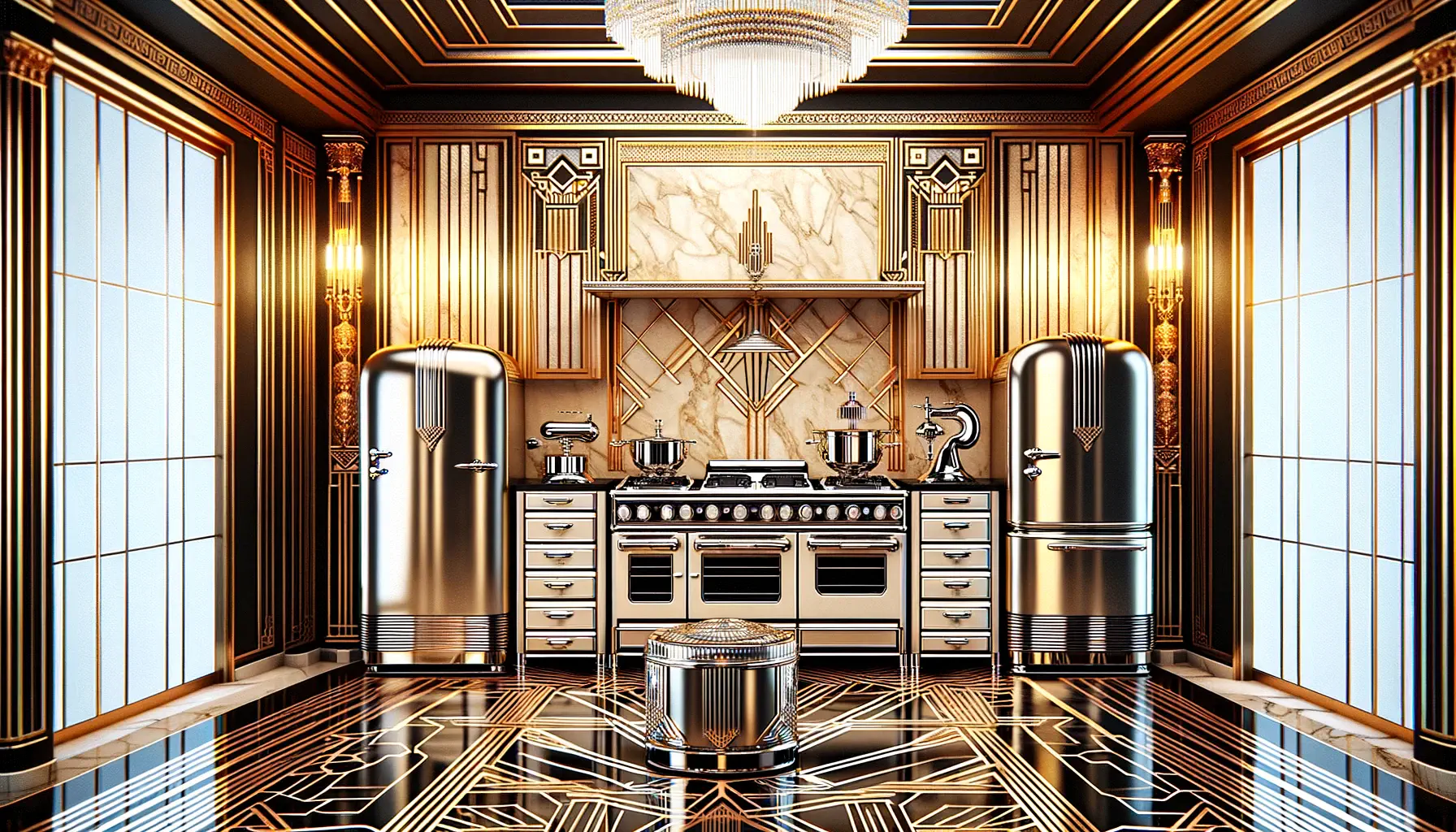 An art deco image of a kitchen.
