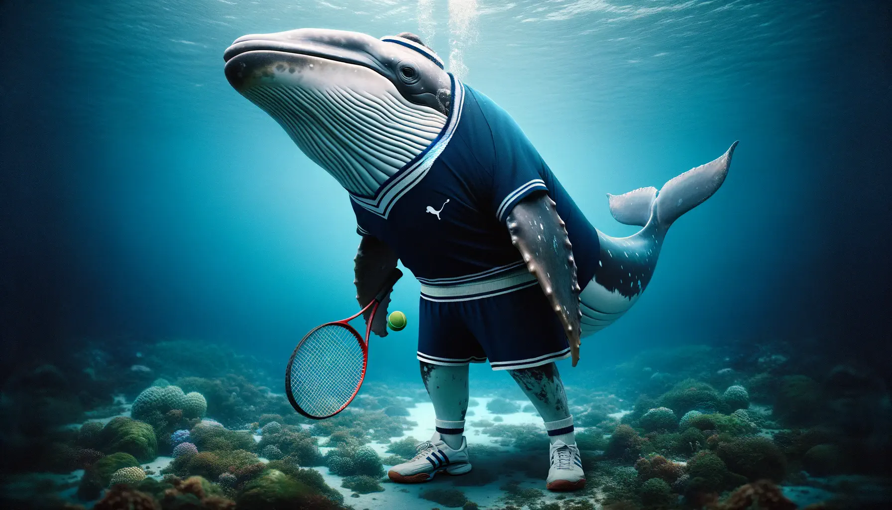 A photo-realistic image of a whale dressed to play tennis.