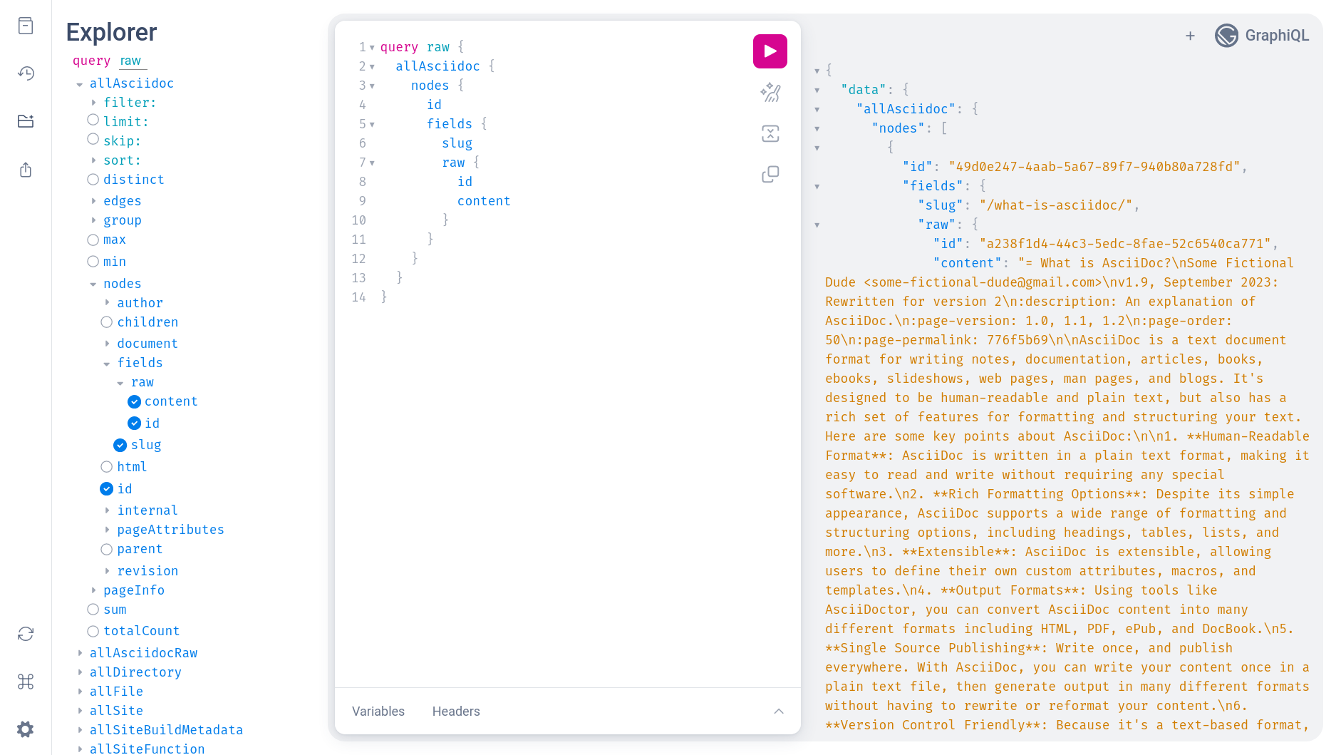 GraphQL Explorer showing nwe fields added to nodes.