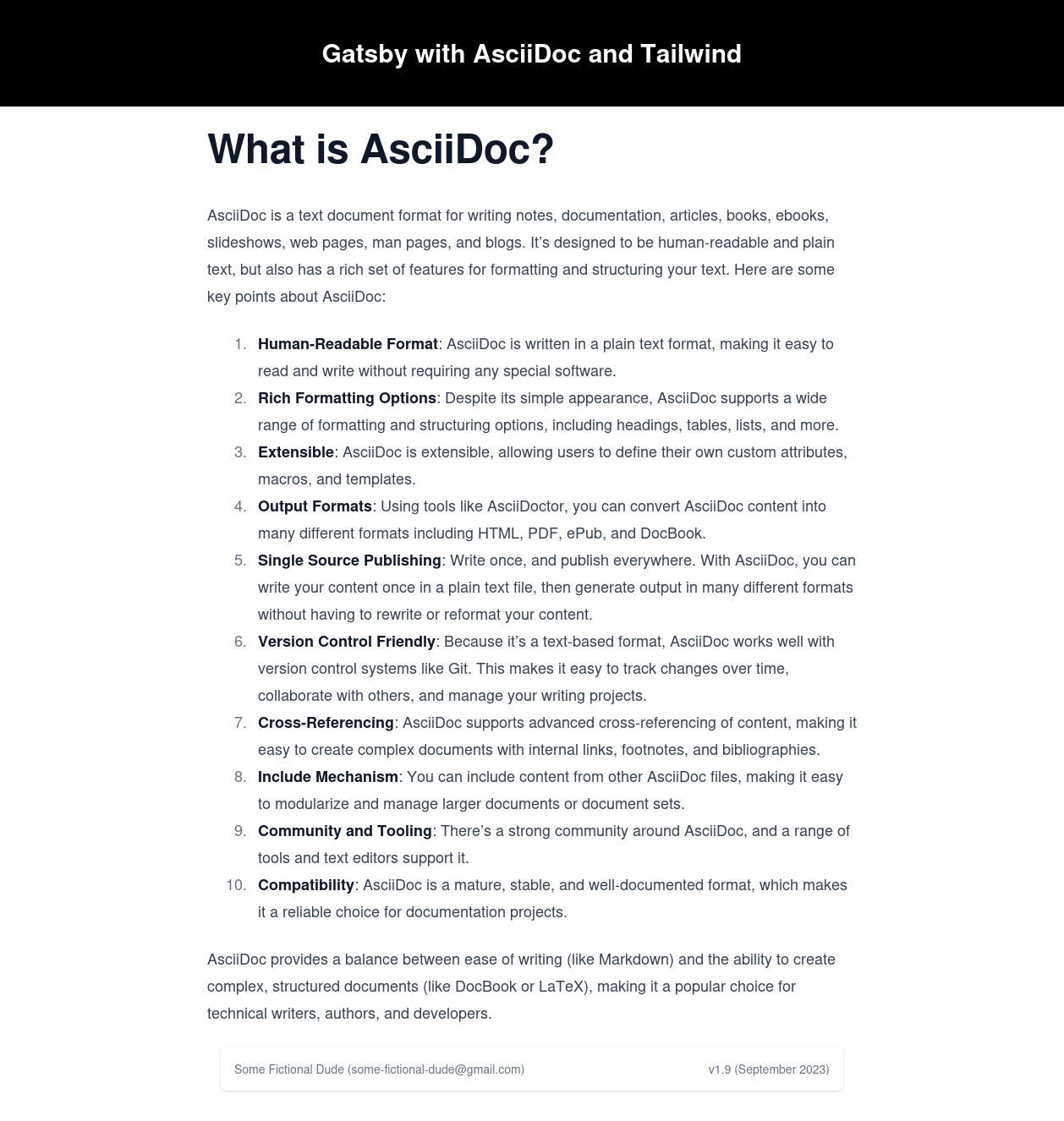 Gatsby test site 'What is AsciiDoc?' page.
