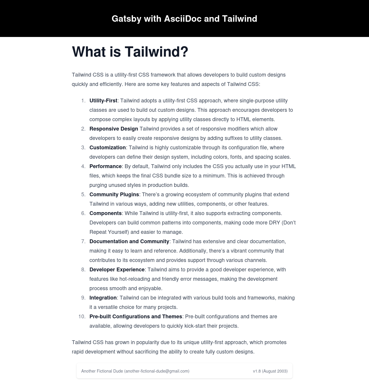 Gatsby test site 'What is Tailwind?' page.