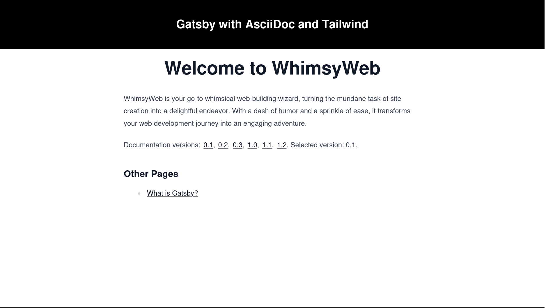 WhimsyWeb landing page for version 0.1.