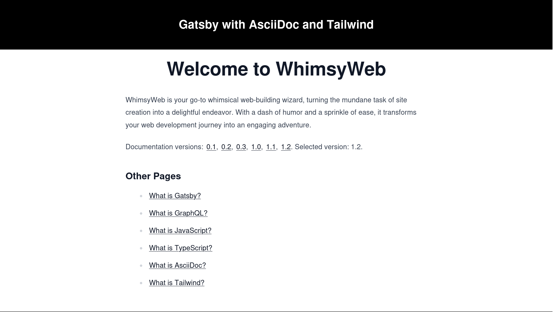 WhimsyWeb landing page for version 1.2.
