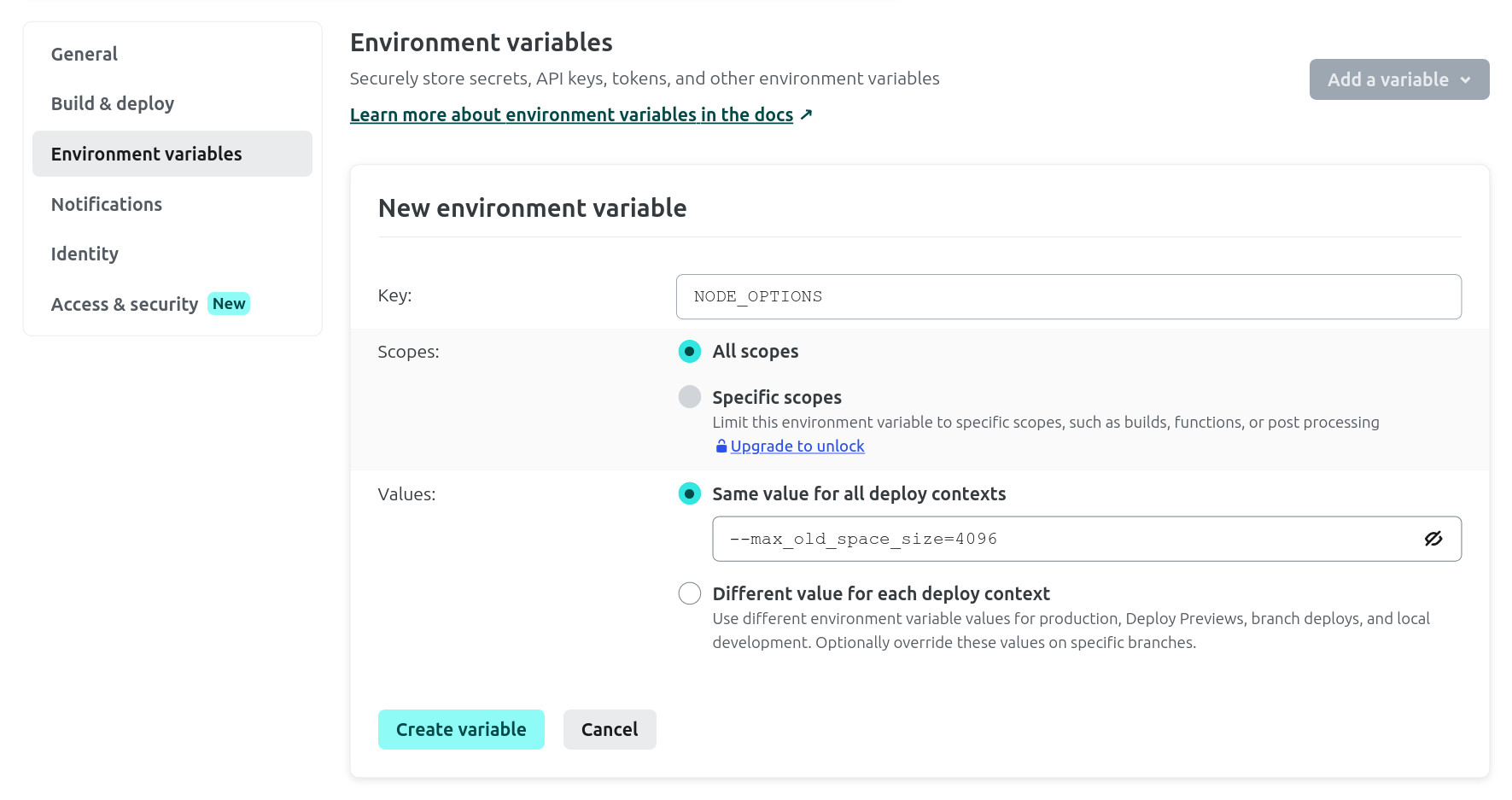 Setting environment variables in Netlify.