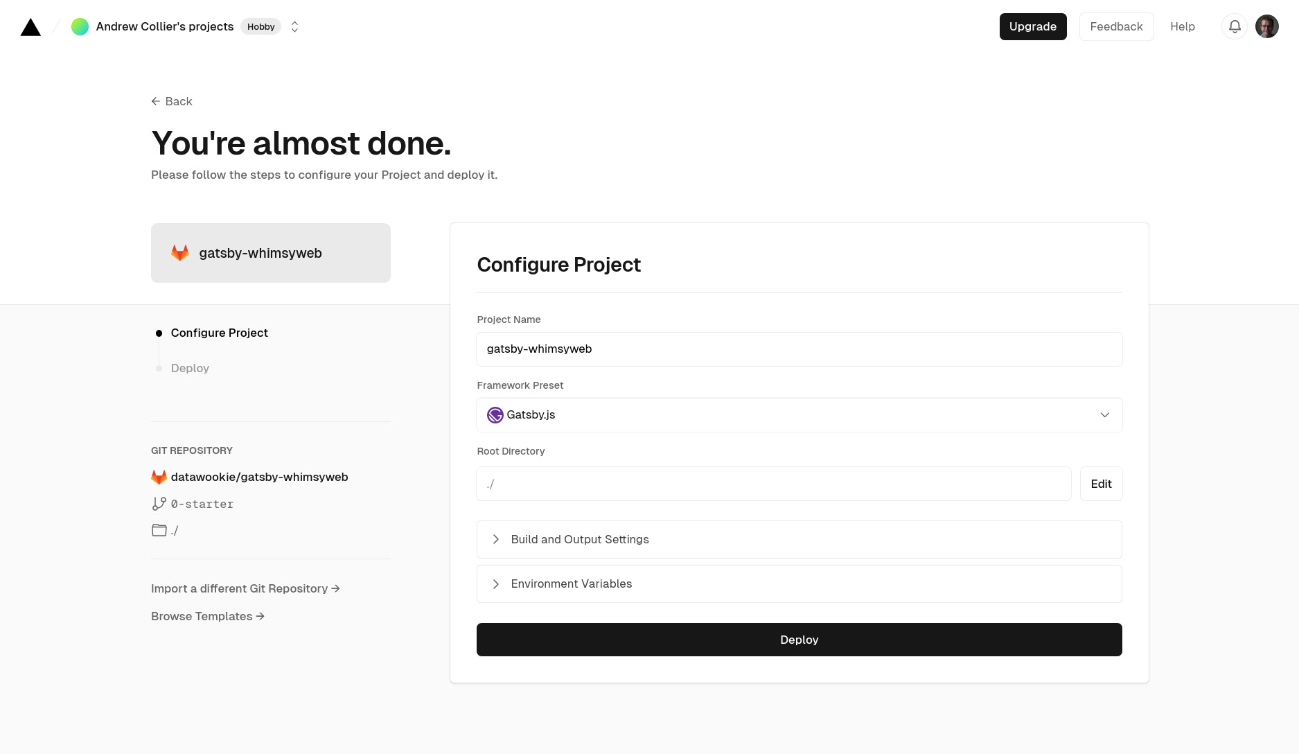 Configure project on Vercel.