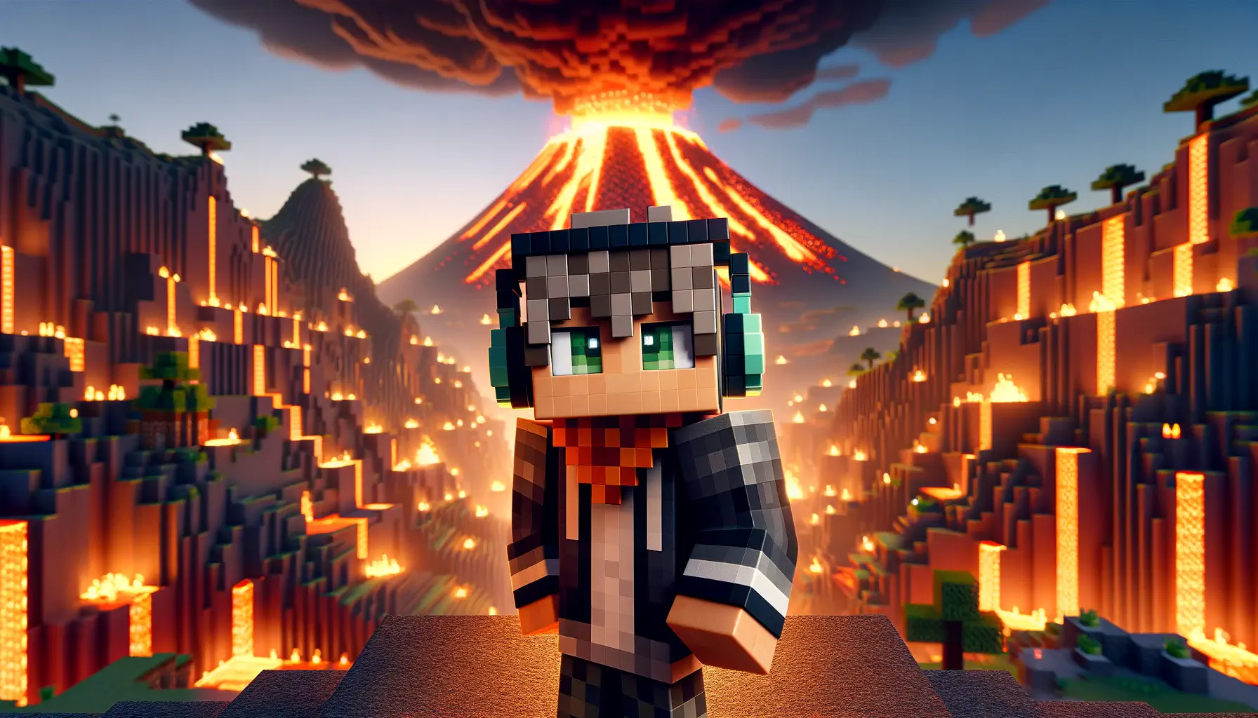 A Minecraft character wearing headphones, striding towards the viewer with an erupting volcano in the background.