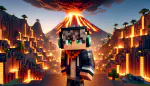 A Minecraft character wearing headphones, striding towards the viewer with an erupting volcano in the background.
