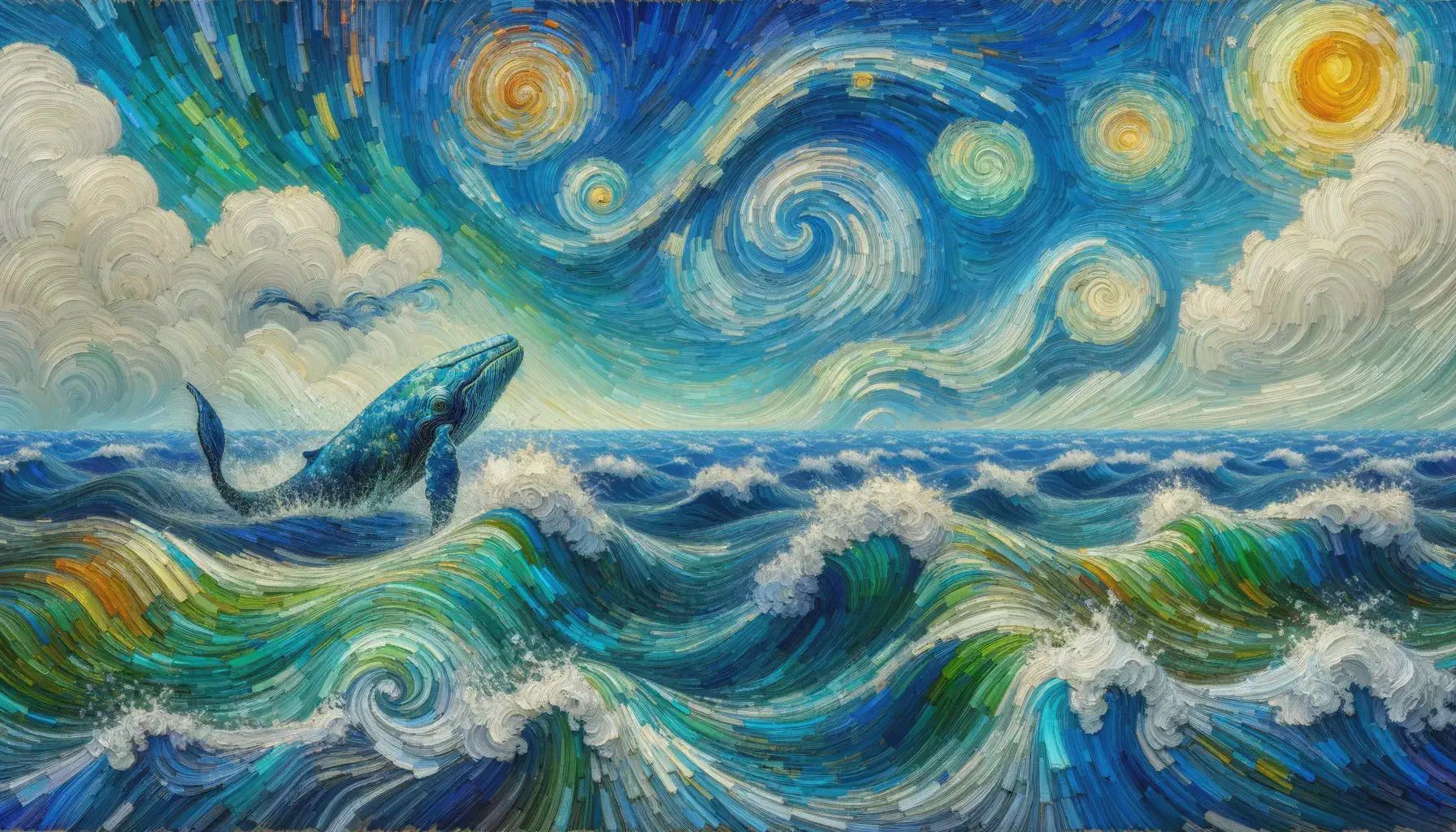 A whale leaping out of the ocean in the style of Vincent van Gogh.