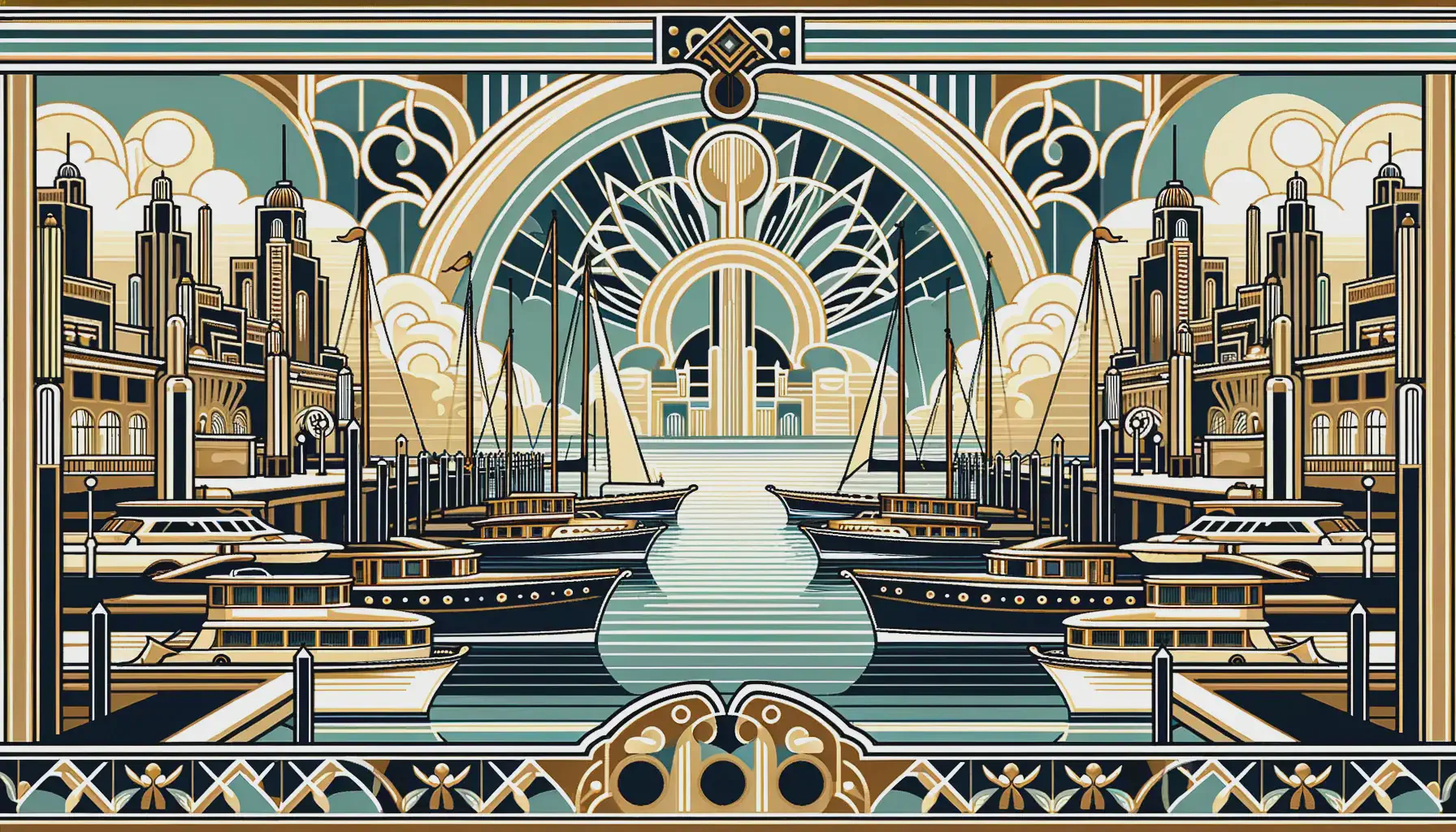 Moored boats in an art deco style.