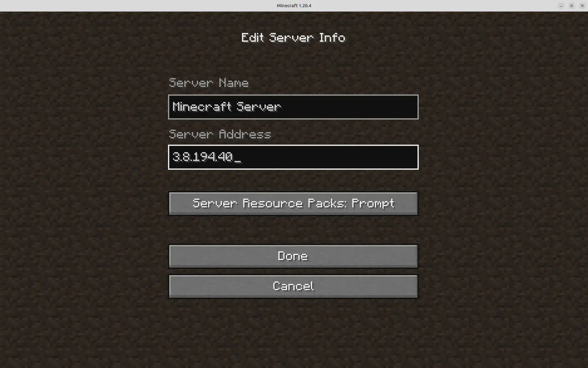 Minecraft Java Edition editing server information.