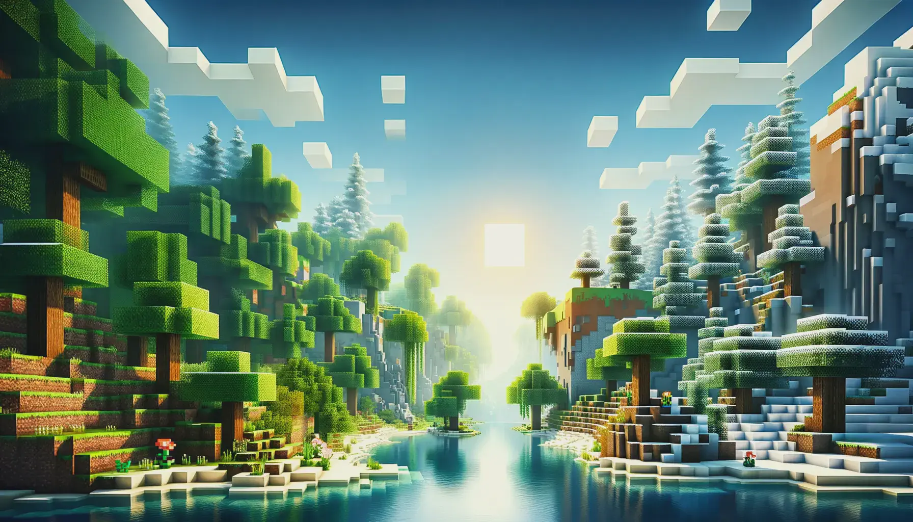 A Minecraft scene with a river and trees.