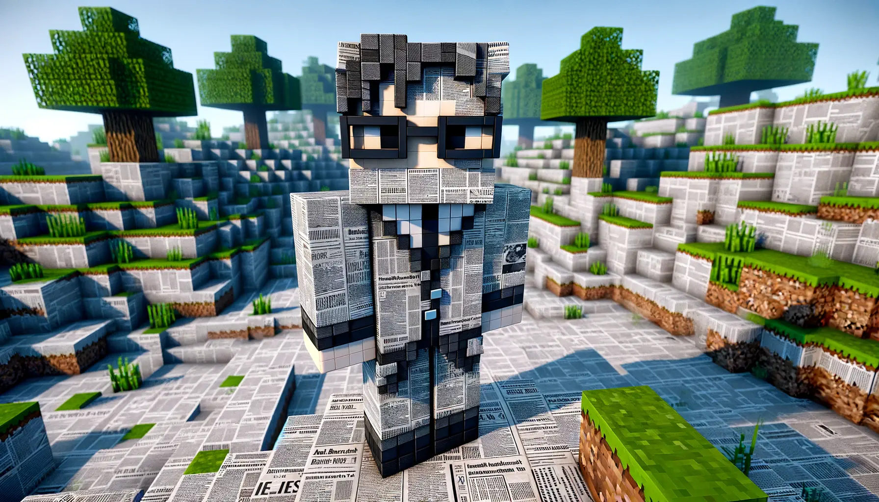 A Minecraft character wearing glasses. The landscape and clothing of the character are patterned with newspaper.