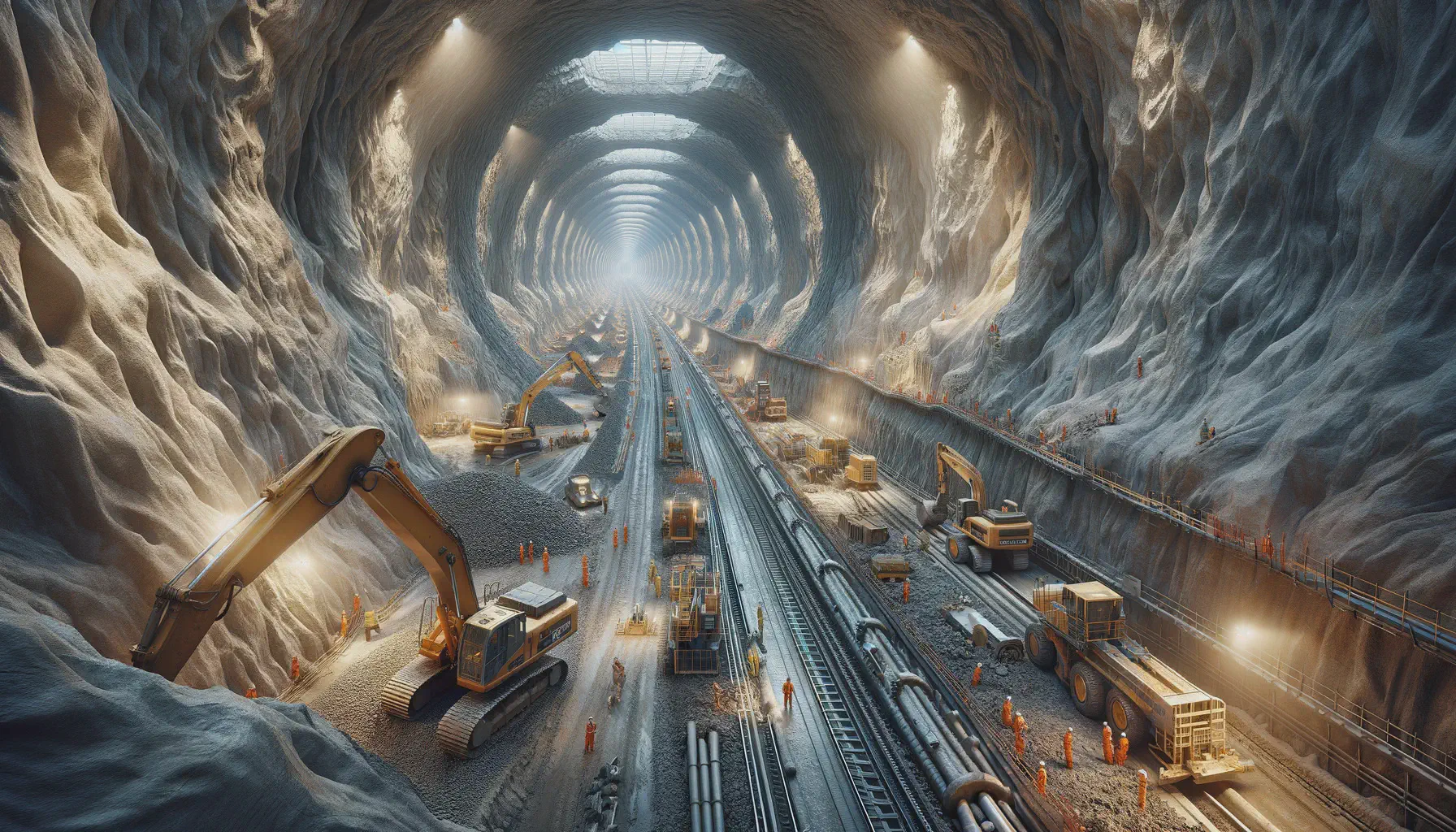 A tunnel with large yellow earth-moving equipment.