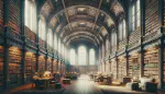 A large library with vaulted ceiling.