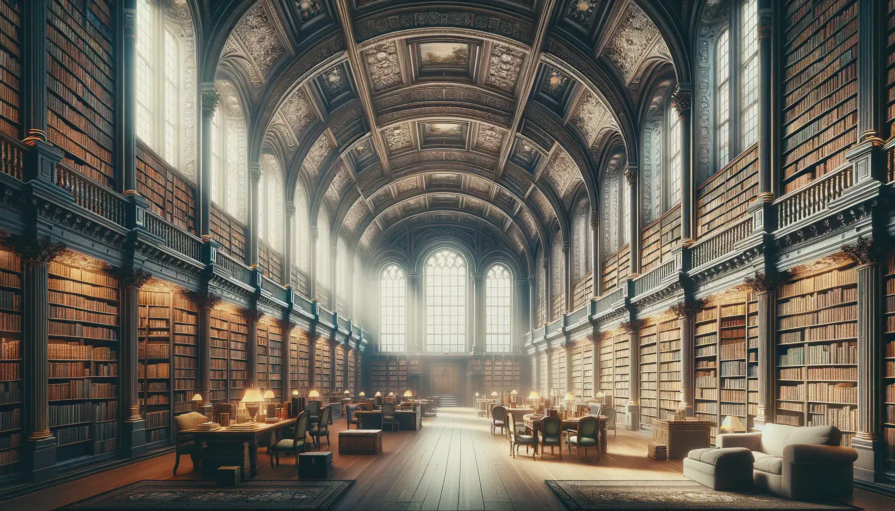 A large library with vaulted ceiling.