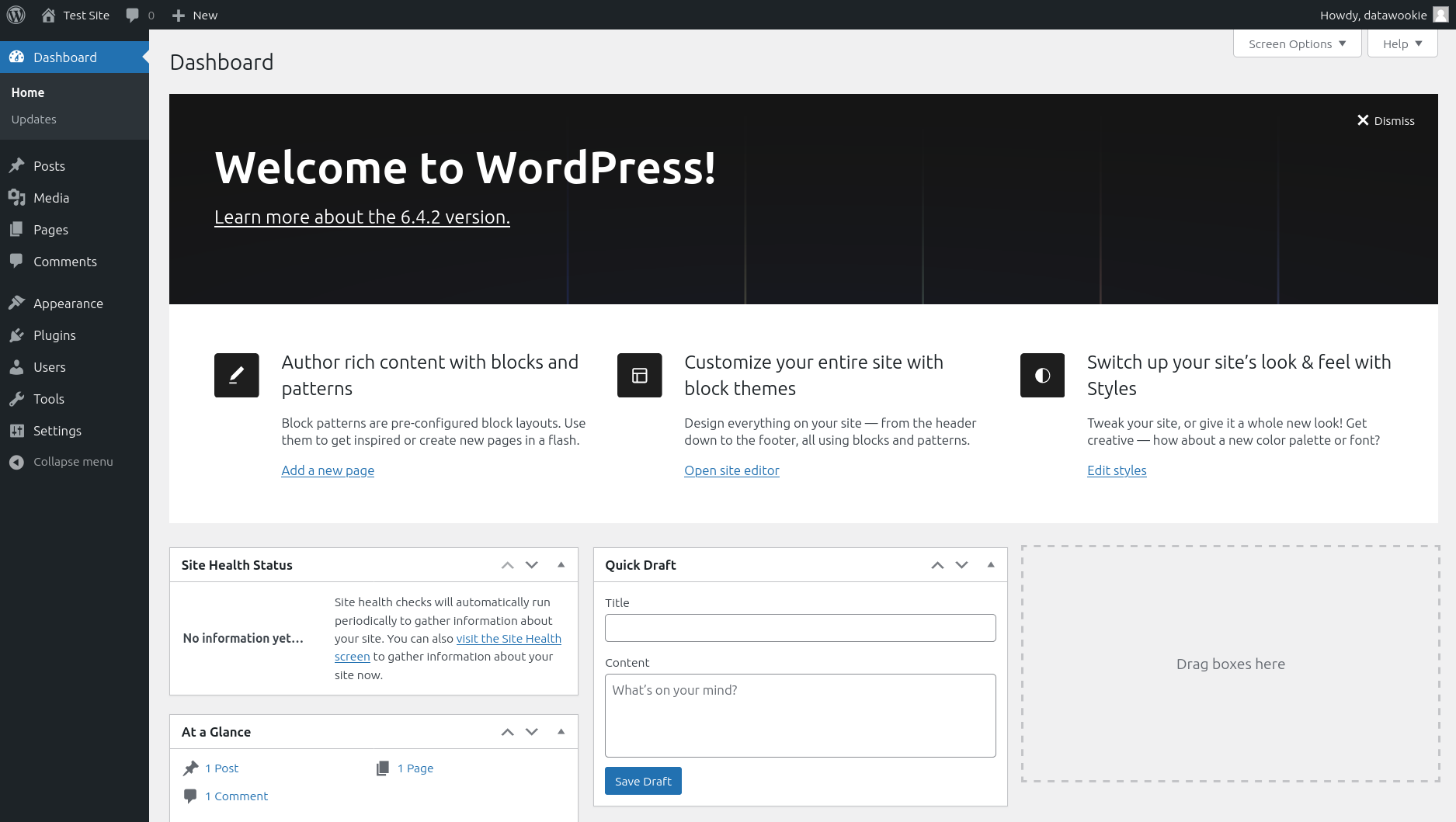 The WordPress admin dashboard with the Welcome to WordPress panel.