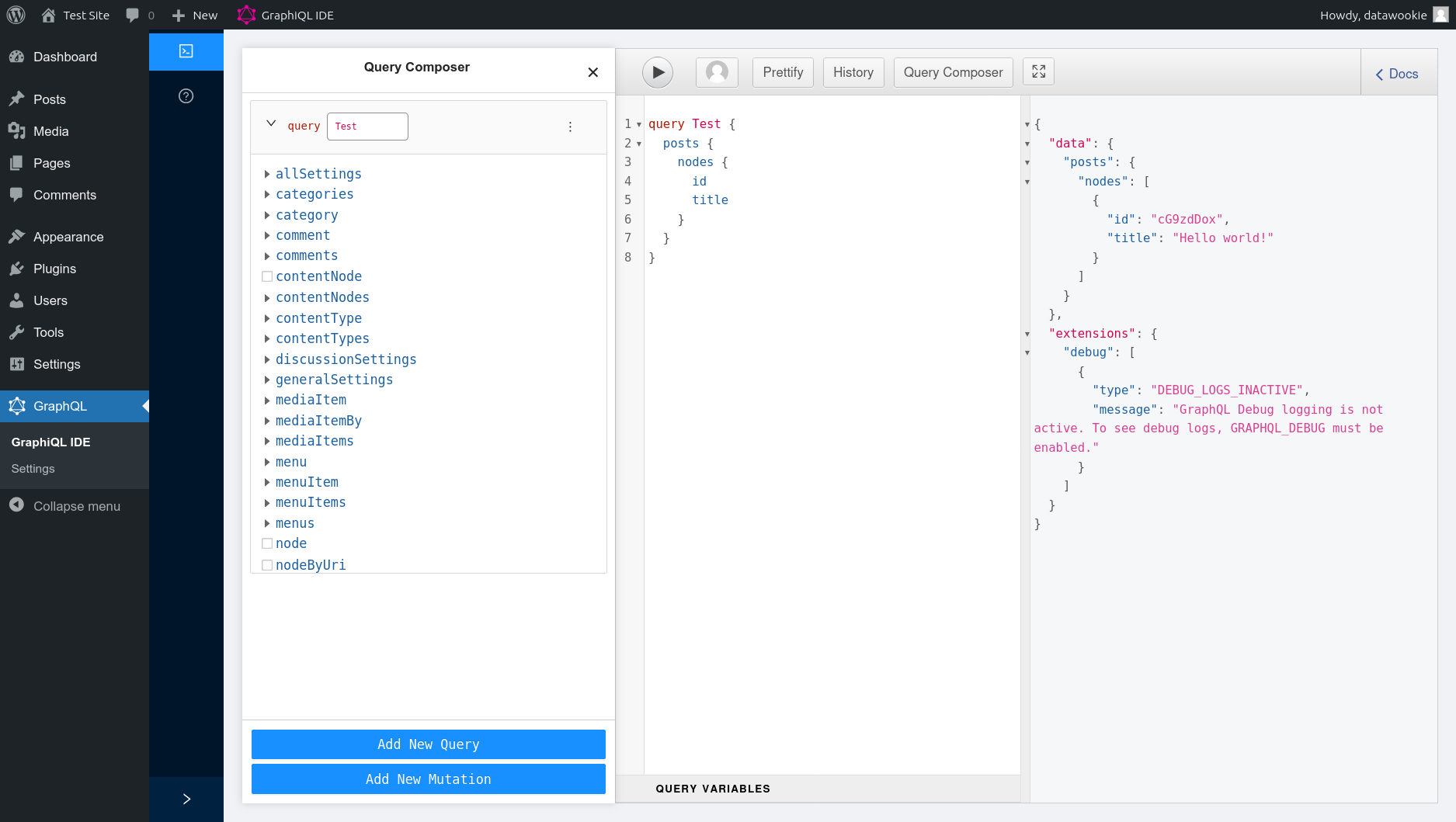 The WPGraphQL IDE in WordPress running a test query that returns the Hello world post title.
